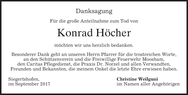  Traueranzeige für Konrad Höcher vom 12.09.2017 aus merkurtz