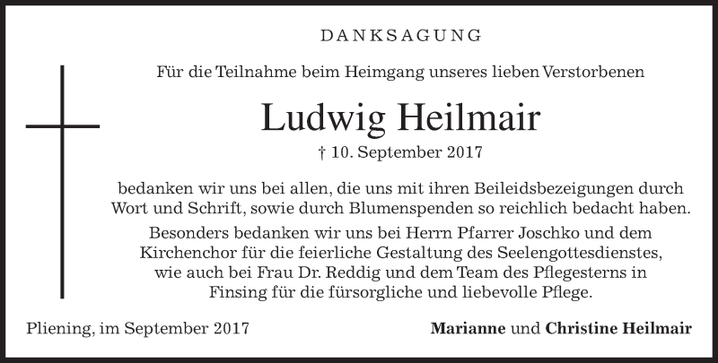  Traueranzeige für Ludwig Heilmair vom 20.09.2017 aus merkurtz