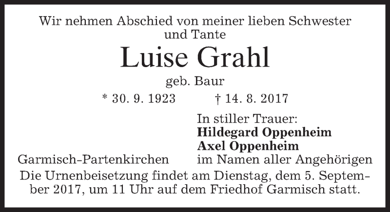  Traueranzeige für Luise Grahl vom 01.09.2017 aus merkurtz