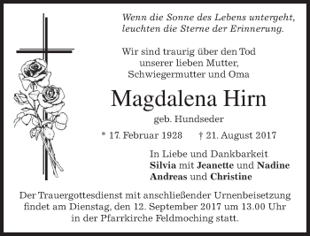 Traueranzeige von Magdalena Hirn von merkurtz