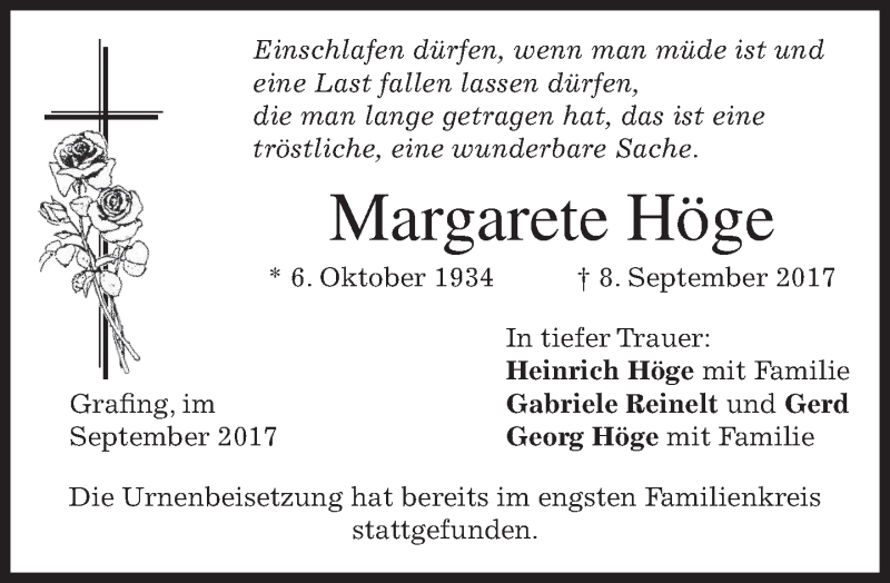  Traueranzeige für Margarete Höge vom 22.09.2017 aus merkurtz