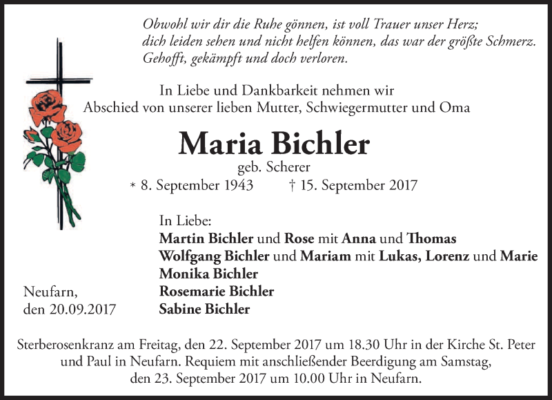  Traueranzeige für Maria Bichler vom 20.09.2017 aus merkurtz