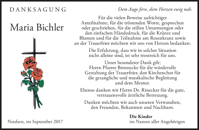  Traueranzeige für Maria Bichler vom 30.09.2017 aus merkurtz