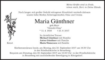 Traueranzeige von Maria Günthner von merkurtz