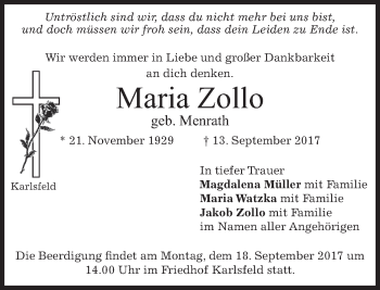 Traueranzeige von Maria Zollo von merkurtz