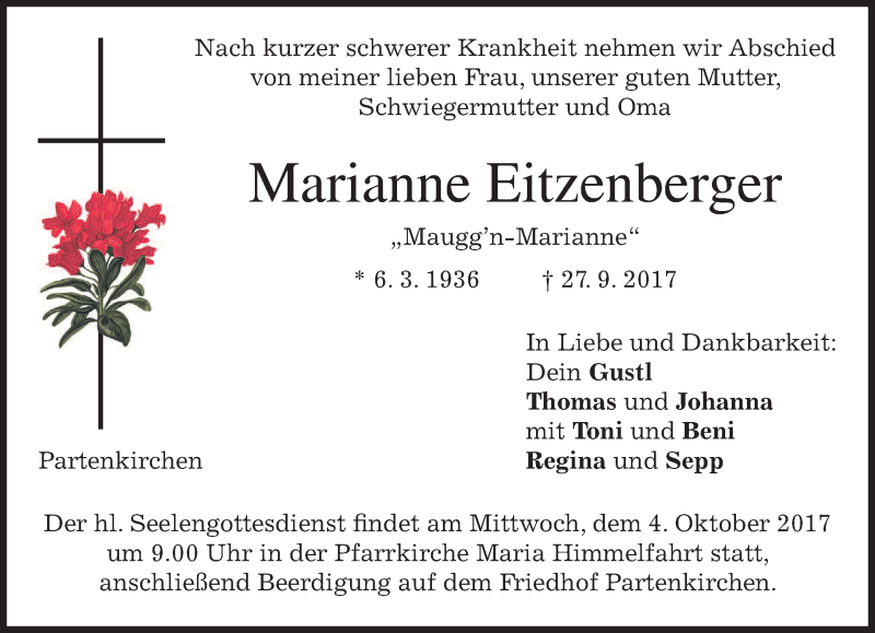  Traueranzeige für Marianne Eitzenberger vom 30.09.2017 aus merkurtz