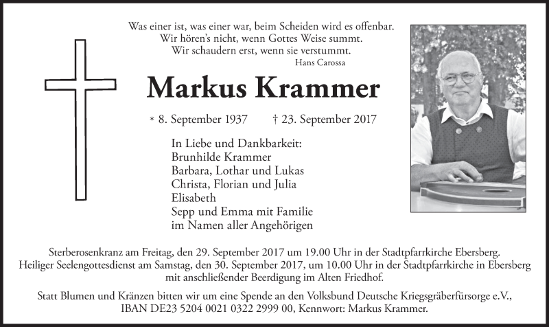  Traueranzeige für Markus Krammer vom 27.09.2017 aus merkurtz