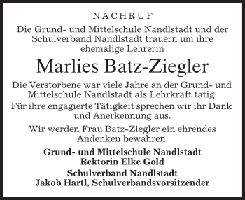 Traueranzeige von Marlies Batz-Ziegler von merkurtz