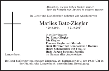 Traueranzeige von Marlies Batz-Ziegler von merkurtz