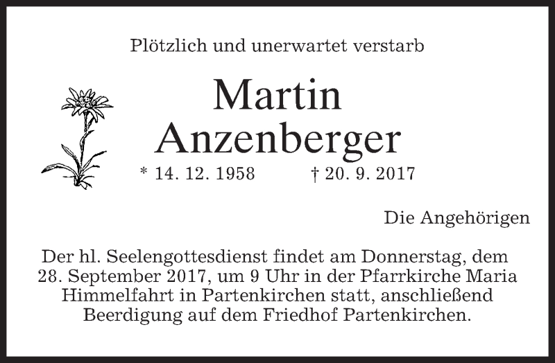  Traueranzeige für Martin Anzenberger vom 26.09.2017 aus merkurtz