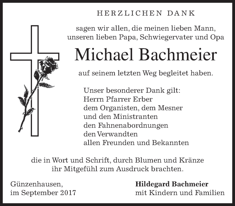  Traueranzeige für Michael Bachmeier vom 02.09.2017 aus merkurtz