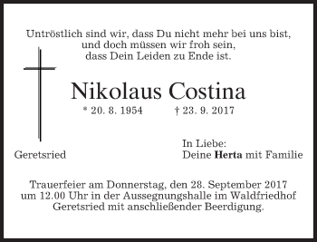 Traueranzeige von Nikolaus Costina von merkurtz