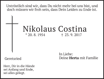 Traueranzeige von Nikolaus Costina von merkurtz