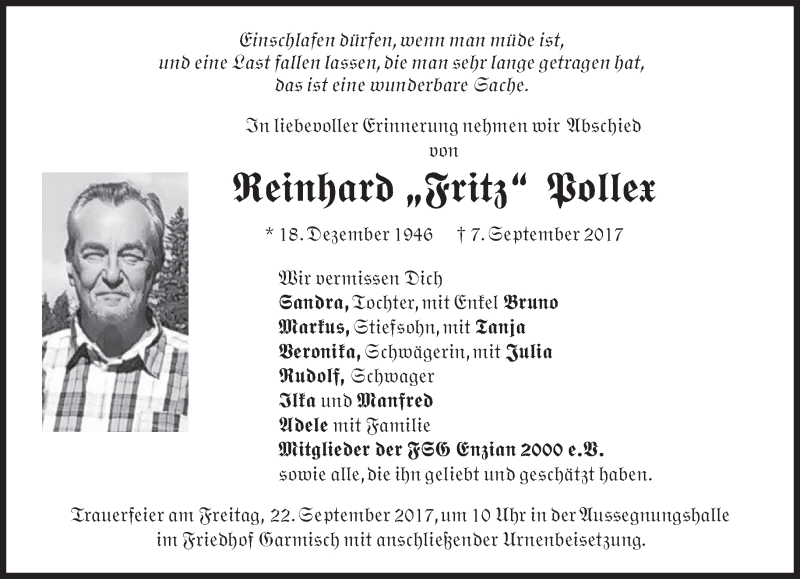  Traueranzeige für Reinhard Pollex vom 19.09.2017 aus merkurtz