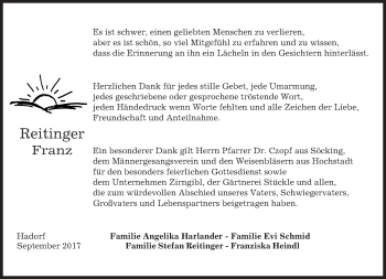 Traueranzeige von Reitinger Franz von merkurtz