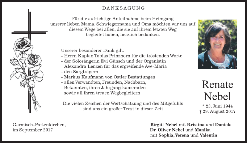  Traueranzeige für Renate Nebel vom 15.09.2017 aus merkurtz