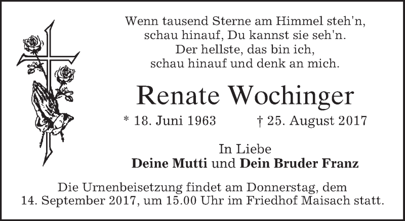  Traueranzeige für Renate Wochinger vom 09.09.2017 aus merkurtz