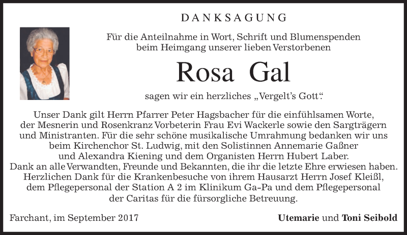  Traueranzeige für Rosa Gal vom 09.09.2017 aus merkurtz