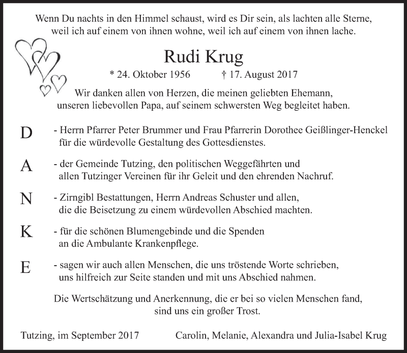  Traueranzeige für Rudi Krug vom 09.09.2017 aus merkurtz