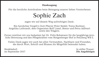 Traueranzeige von Sophie Zach von merkurtz