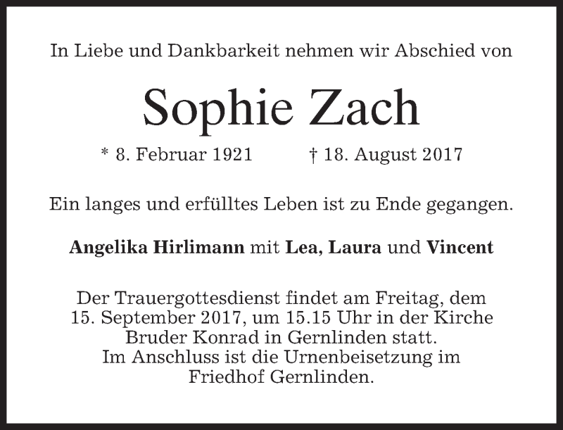  Traueranzeige für Sophie Zach vom 09.09.2017 aus merkurtz