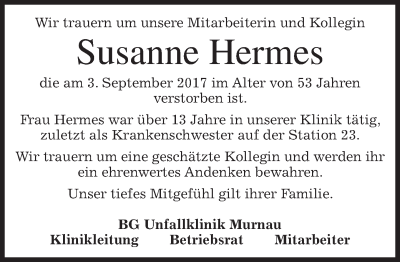  Traueranzeige für Susanne Hermes vom 23.09.2017 aus merkurtz