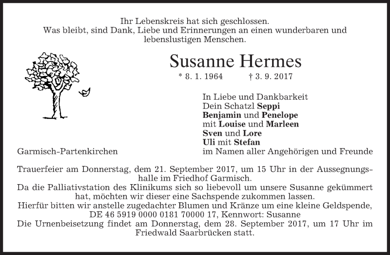  Traueranzeige für Susanne Hermes vom 16.09.2017 aus merkurtz