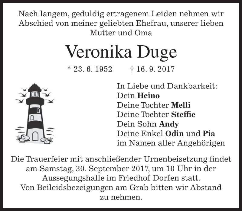  Traueranzeige für Veronika Duge vom 28.09.2017 aus merkurtz