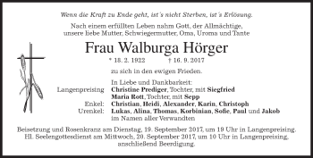 Traueranzeige von Walburga Hörger von merkurtz