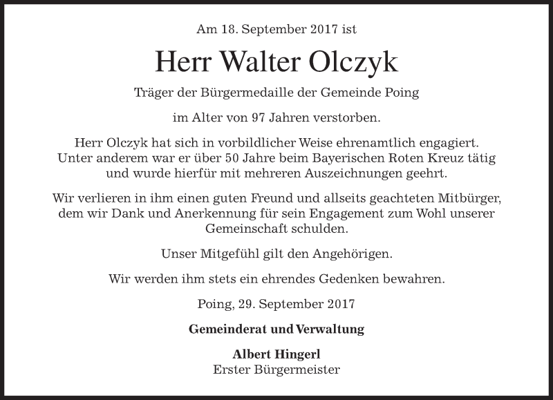  Traueranzeige für Walter Olczyk vom 29.09.2017 aus merkurtz