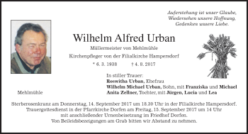 Traueranzeige von Wilhelm Alfred Urban von merkurtz