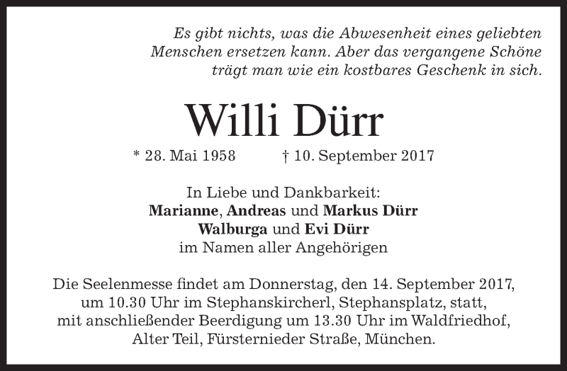  Traueranzeige für Willi Dürr vom 13.09.2017 aus merkurtz