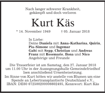 Traueranzeige von Kurt Käs von merkurtz