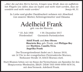 Traueranzeige von Adelheid Frank von merkurtz
