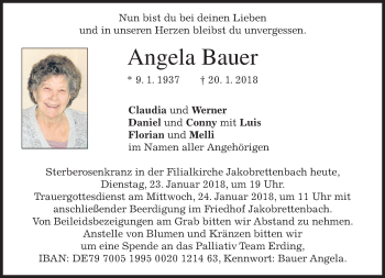 Traueranzeige von Angela Bauer von merkurtz