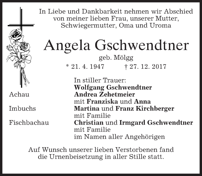  Traueranzeige für Angela Gschwendtner vom 05.01.2018 aus merkurtz