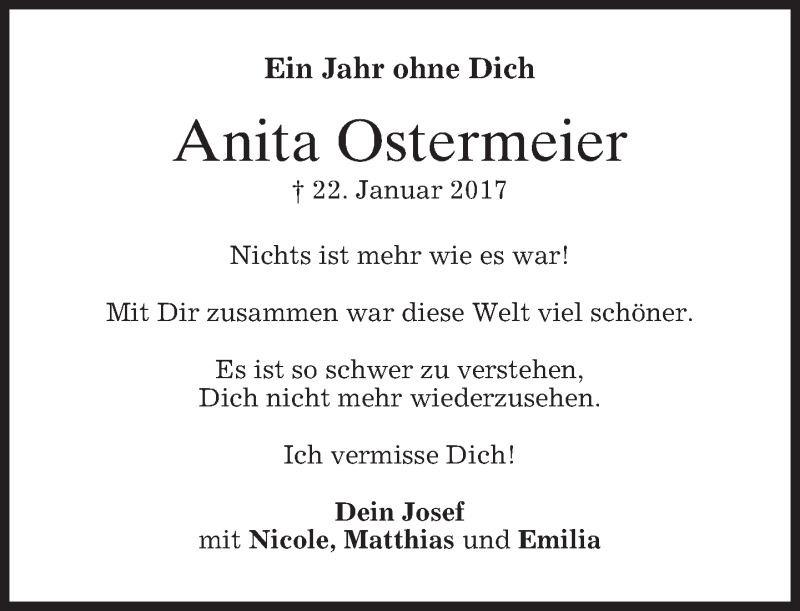  Traueranzeige für Anita Ostermeier vom 22.01.2018 aus merkurtz