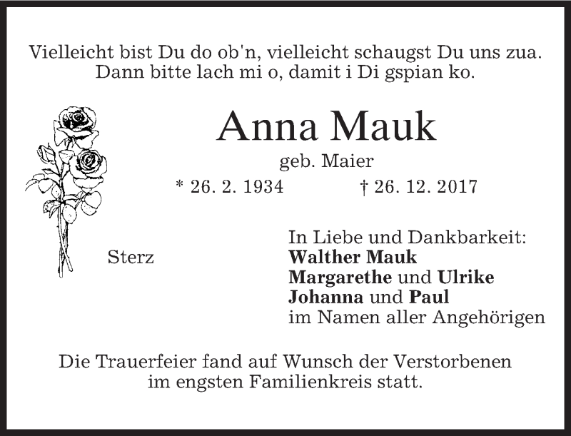  Traueranzeige für Anna Mauk vom 04.01.2018 aus merkurtz