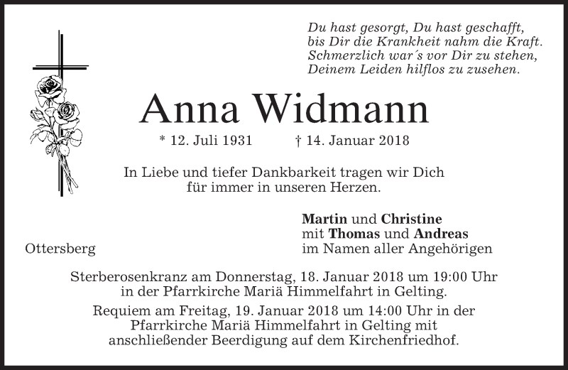  Traueranzeige für Anna Widmann vom 16.01.2018 aus merkurtz