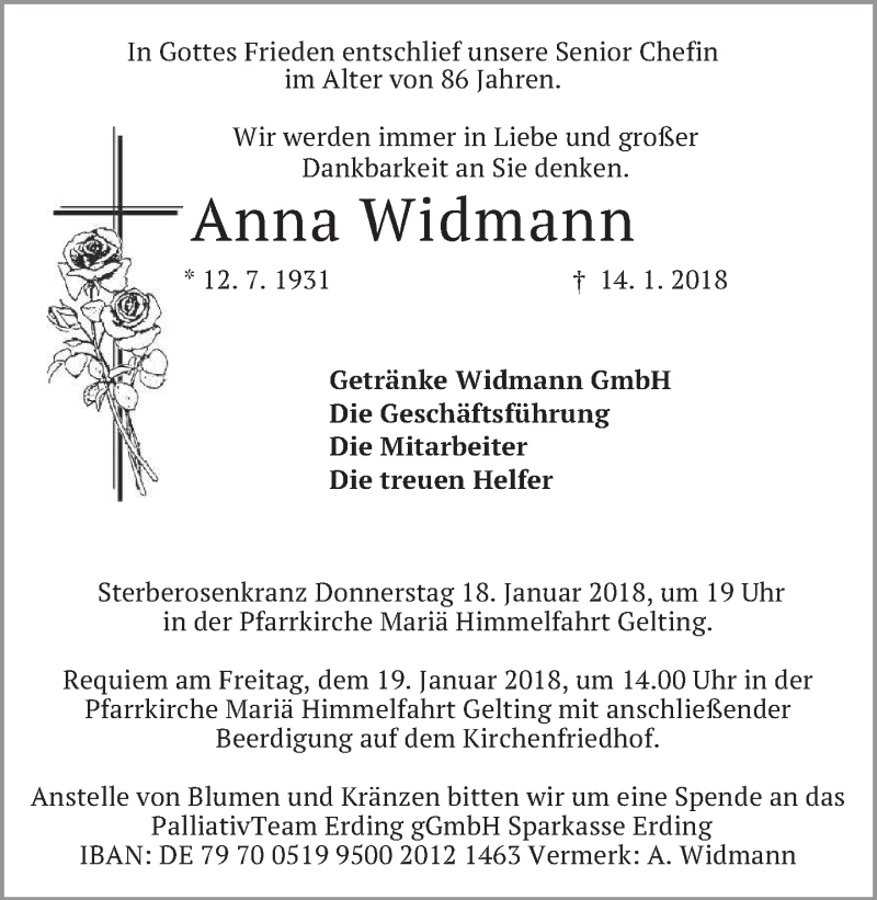  Traueranzeige für Anna Widmann vom 17.01.2018 aus merkurtz