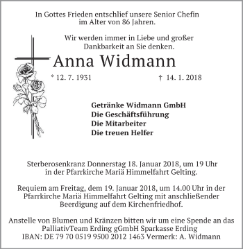 Traueranzeige von Anna Widmann von merkurtz