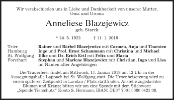 Traueranzeige von Anneliese Blazejewicz von merkurtz
