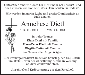 Traueranzeige von Anneliese Dietl von merkurtz
