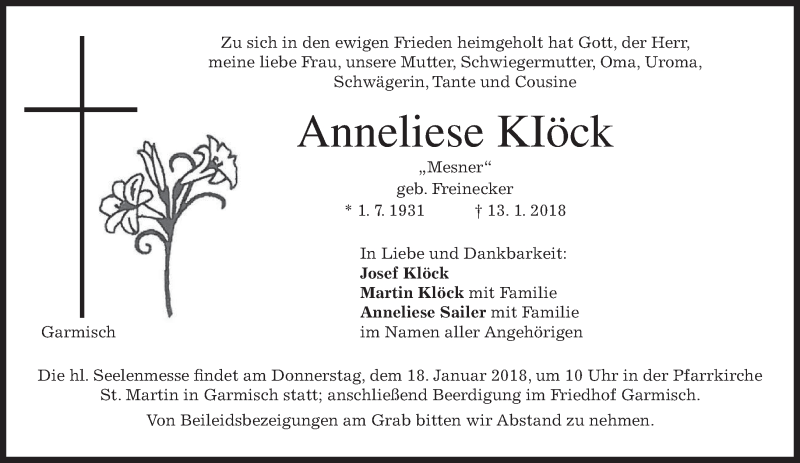  Traueranzeige für Anneliese Klöck vom 16.01.2018 aus merkurtz