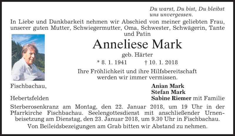  Traueranzeige für Anneliese Mark vom 20.01.2018 aus merkurtz