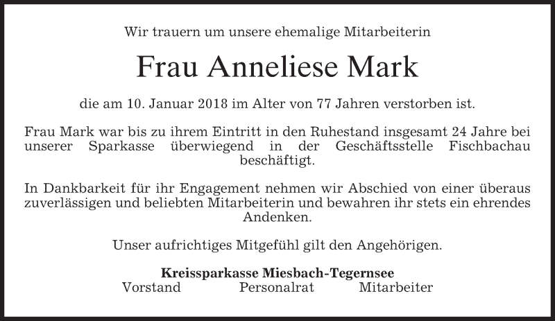  Traueranzeige für Anneliese Mark vom 23.01.2018 aus merkurtz