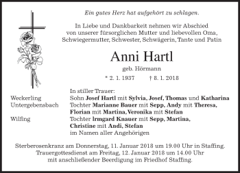 Traueranzeige von Anni Hartl von merkurtz
