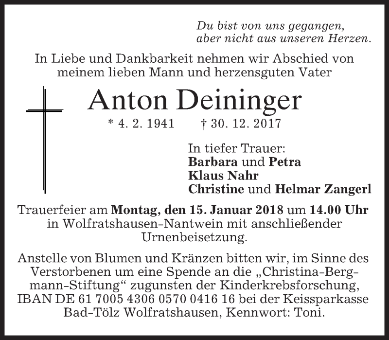 Traueranzeige für Anton Deininger vom 13.01.2018 aus merkurtz