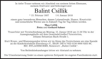Traueranzeige von Balint Csillik von merkurtz
