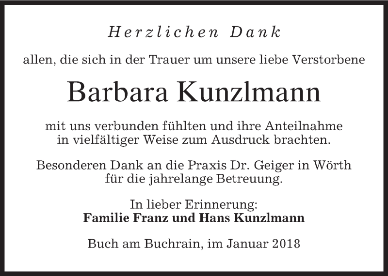  Traueranzeige für Barbara Kunzlmann vom 20.01.2018 aus merkurtz